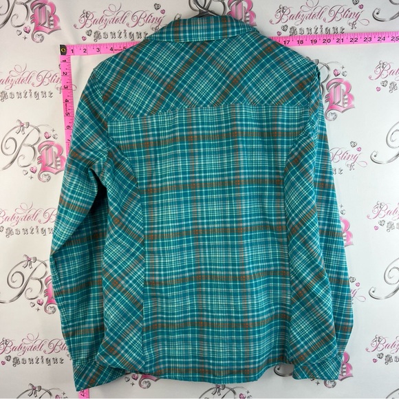 Cabela's button up long sleeve shirt Teal and Brown Plaid Button-Front Shirt - Picture 2 of 13